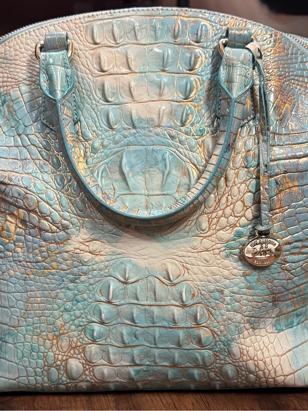 Brahmin Large Duxbury Satchel Serendipity Melbourne Aqua Gold Leather